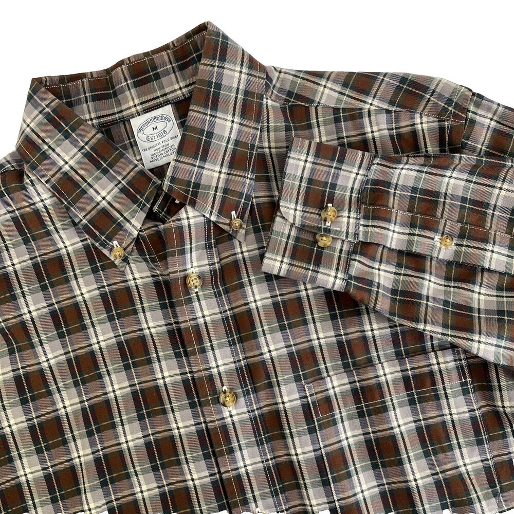 Mens Brooks Brothers Long Sleeve Button Down Shirt Sz M Non-Iron Brown‎ Plaid